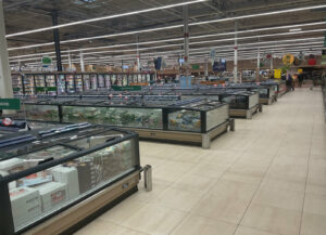 Zone de libre-service en grande surface avec rayons surgelés, organisation des flux clients en magasin