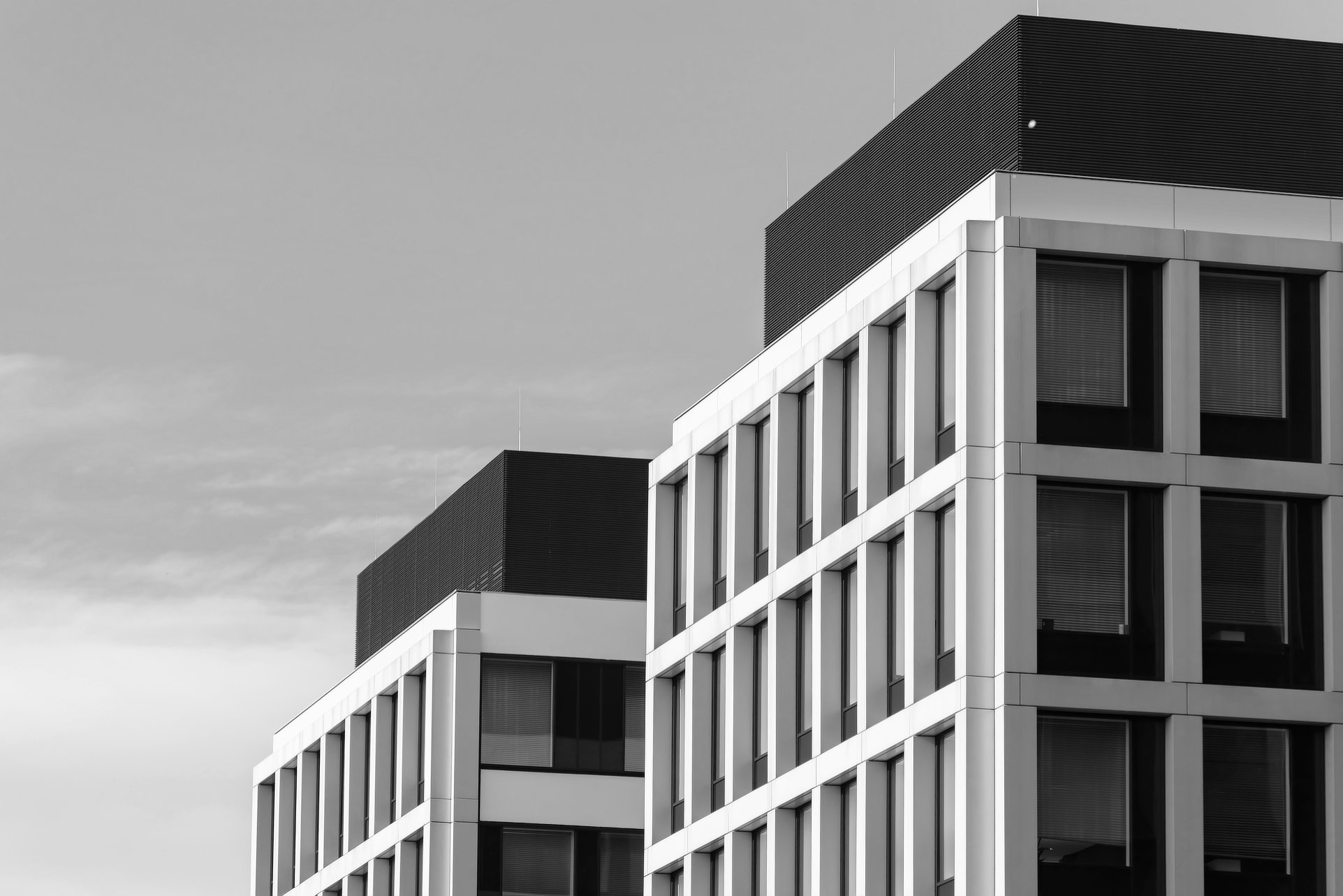 Bâtiment tertiaire contemporain aux lignes épurées en noir et blanc.